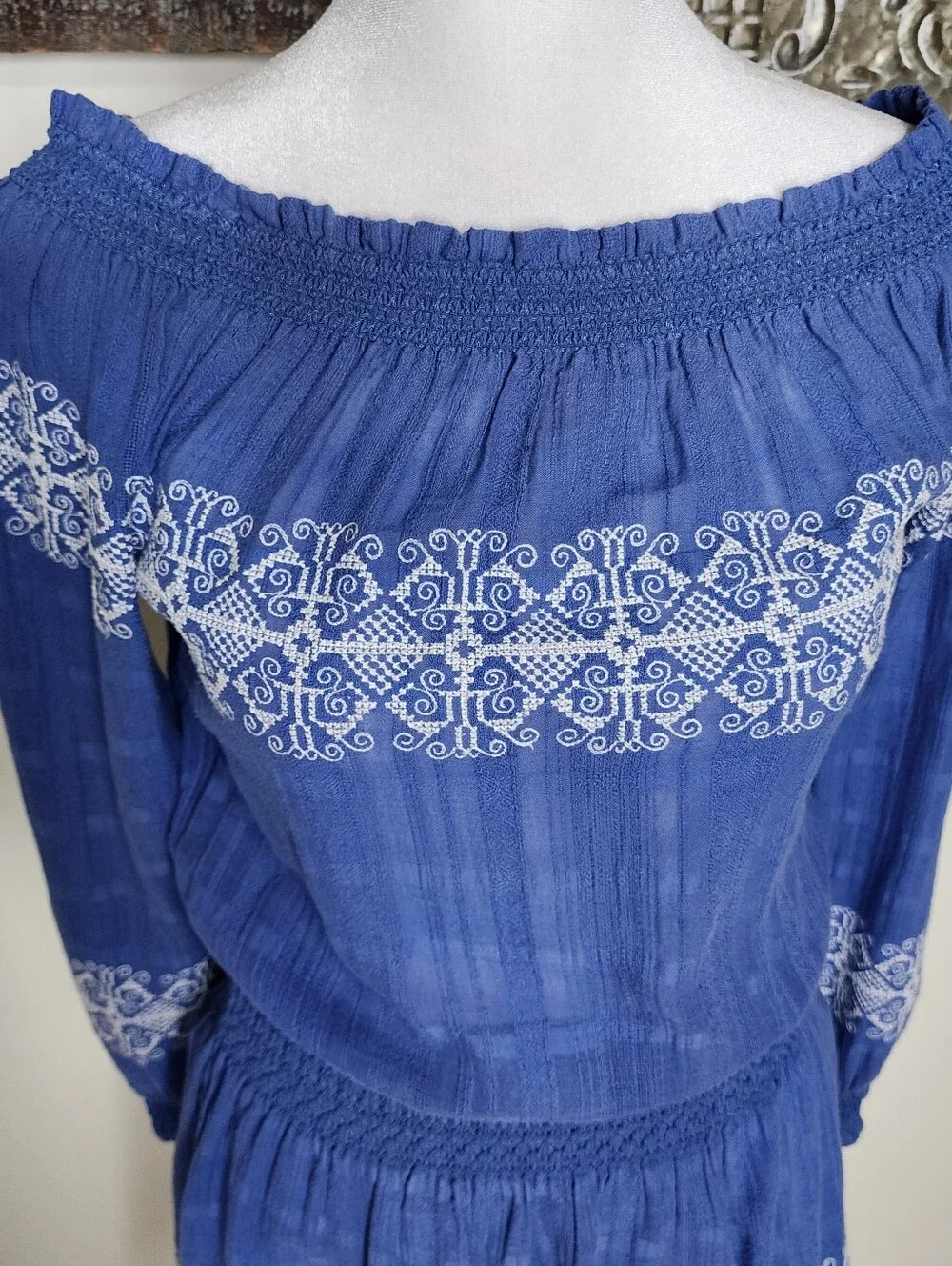 Tory Burch Blue Cotton Off-Shoulder Embroidered Women’s Smocked Mini Dress XS